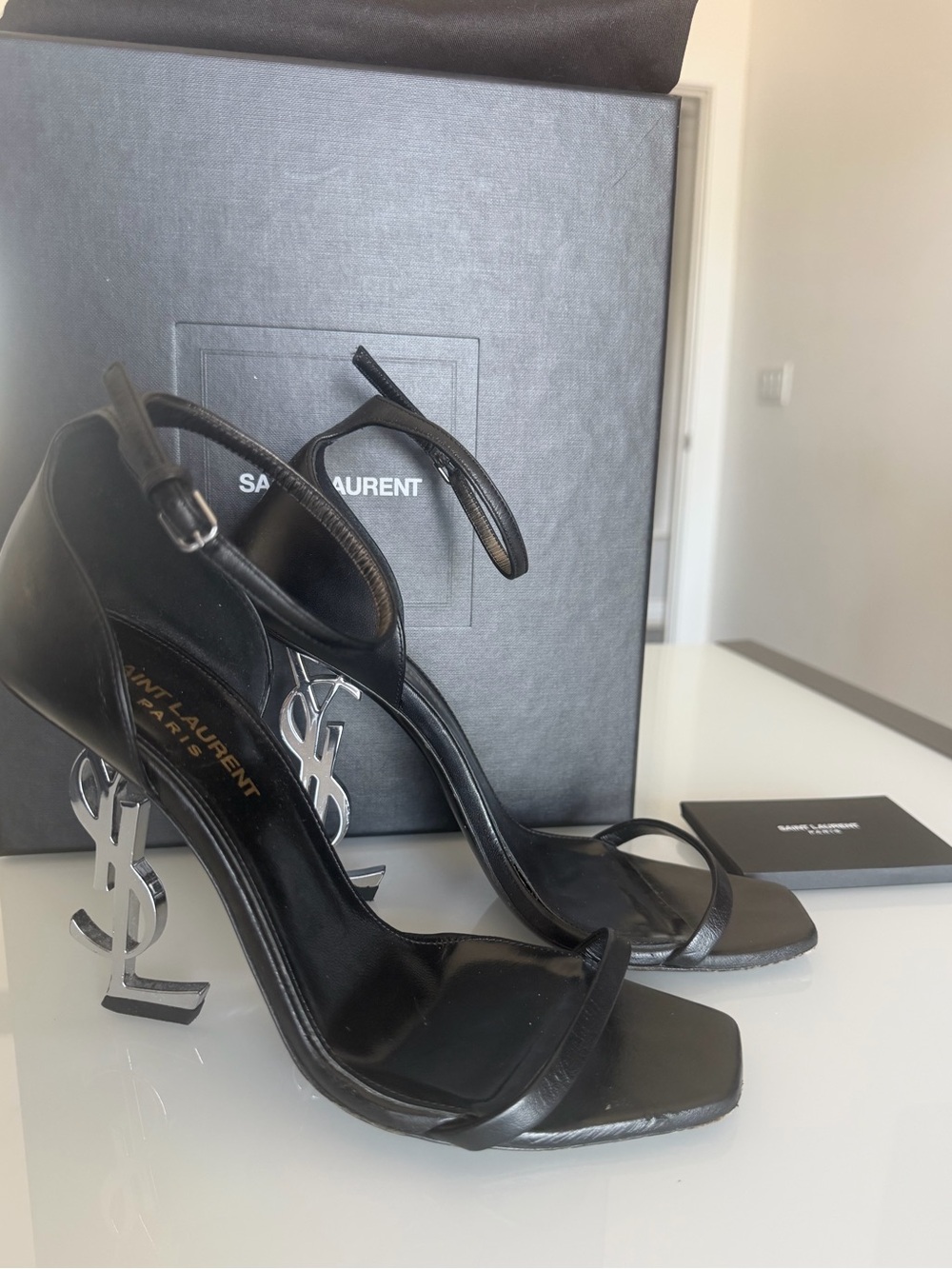 Saint Laurent YSL Opyum Logo Heel Black Leather Sandals 37.5